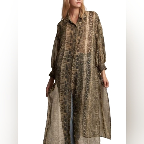 Snake Print Sheer Tunic Collared Midi/ Maxi Shirt Dress Top - Picture 6 of 15